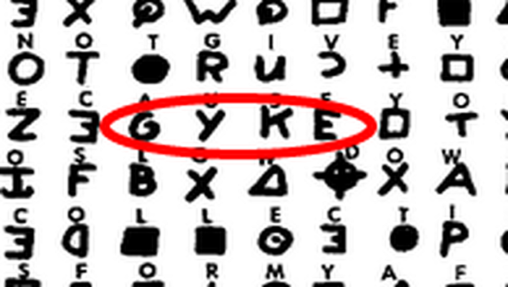 Criptograma de Zodiac con palabra "GYKE"