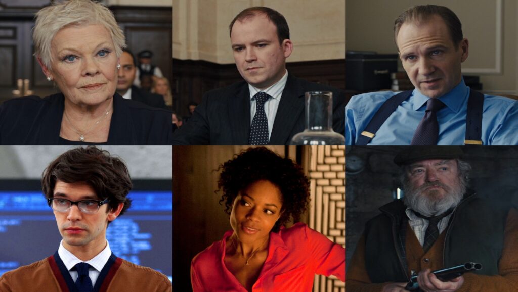 Judi Dench, Rory Kinnear, Ralph Fiennes, Ben Whishaw, Naomie Harris y Albert Finney en Skyfall