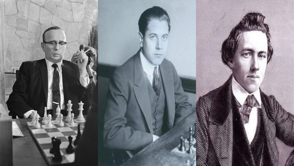 Samuel Reshevsky, José Raúl Capablanca y Paul Morphy