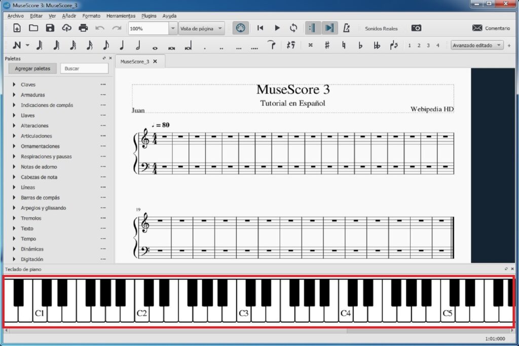 Tutorial de MuseScore: visualizar teclado del piano