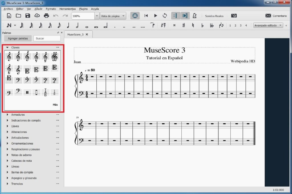Tutorial de MuseScore 3: paleta de claves