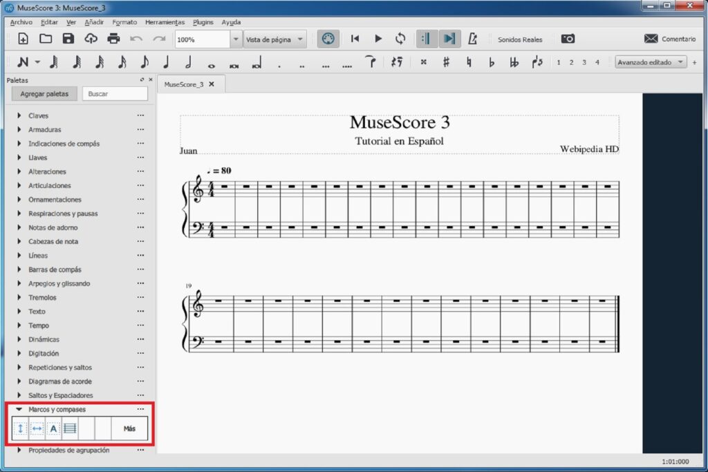 Tutorial de MuseScore 3: paleta de marcos y compases
