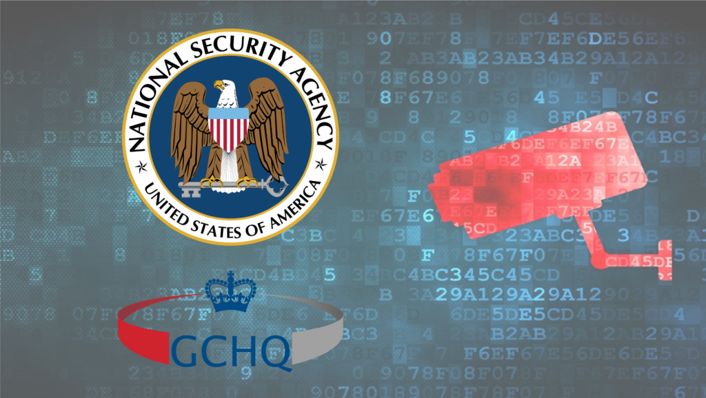 Logos de la NSA y la GCHQ con cámara de vigilancia roja