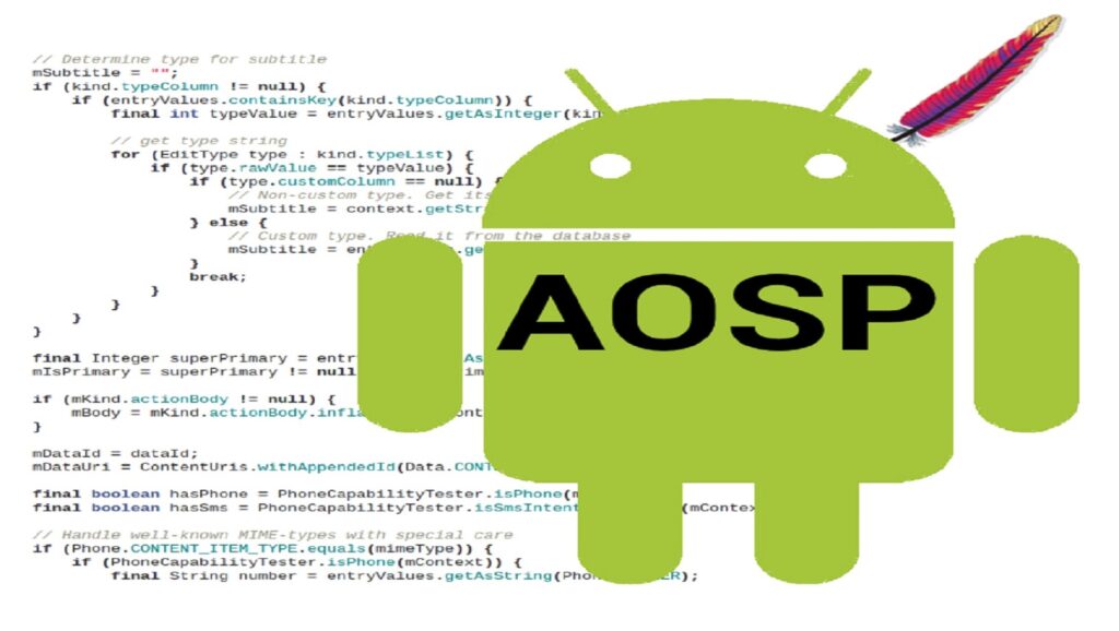 Código JAVA y muñeco de Android con pluma de apache y siglas AOSP