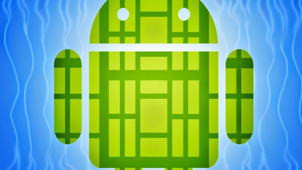 Muñeco verde de Android sobre fondo verde con rayas curvas