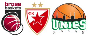 Escudos del Brose Basket, del Estrella Roja y del Unics Kazan