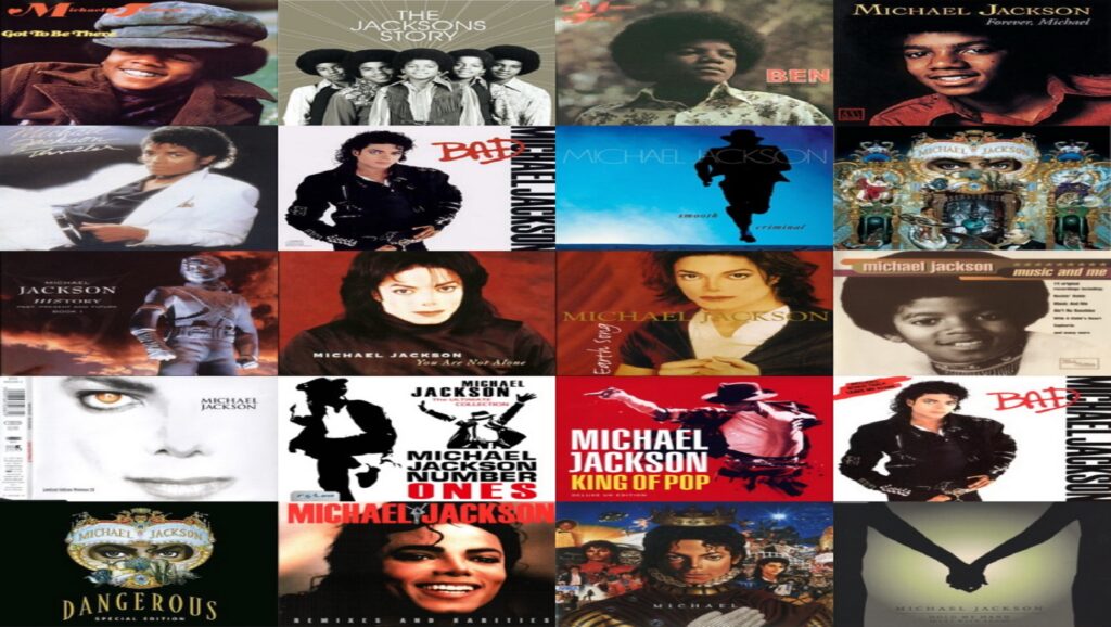 Collage con álbumes de Michael Jackson