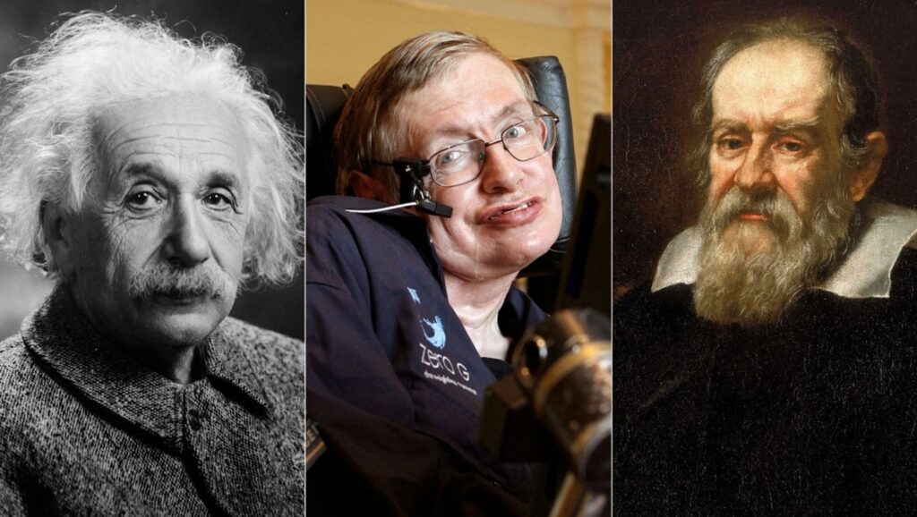 Albert Einstein, Stephen Hawking y Galileo Galilei
