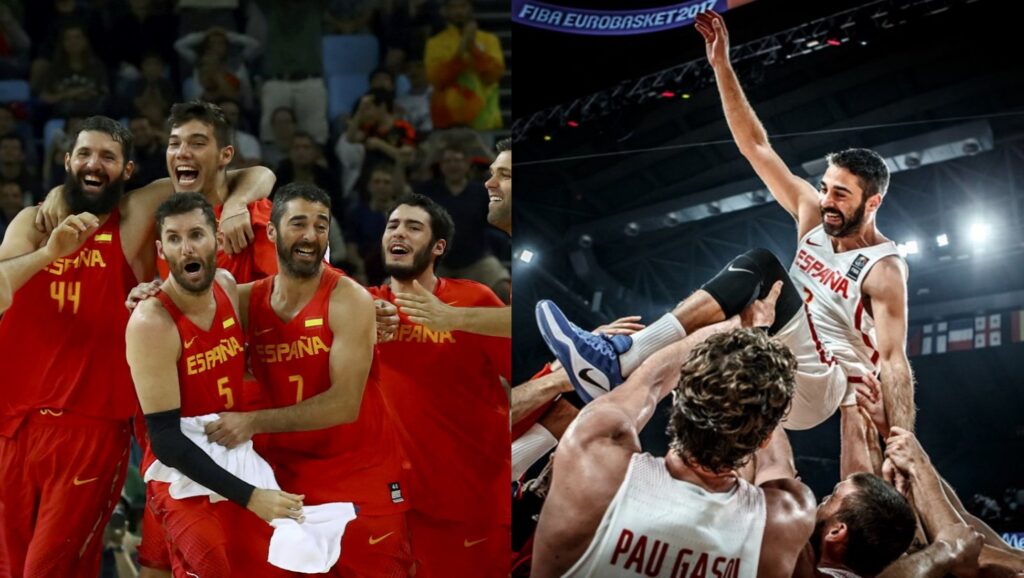 Selección española de baloncesto celebrando las medallas de bronce conseguidas en Río 2016 y Turquía 2017
