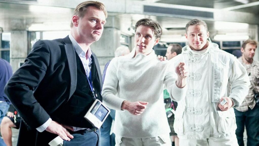 Christopher Nolan, Cillian Murphy Murphy y Tom Hardy durante el rodaje de "Origen"