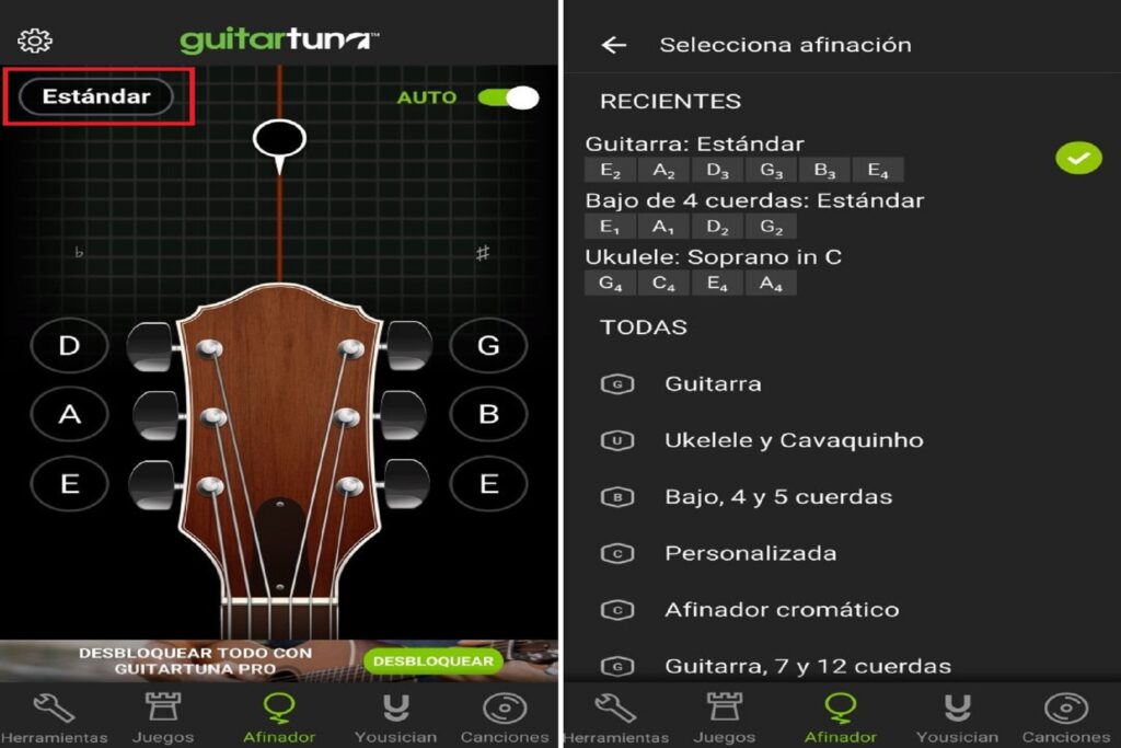 Tutorial de GuitarTuna: seleccionar afinación