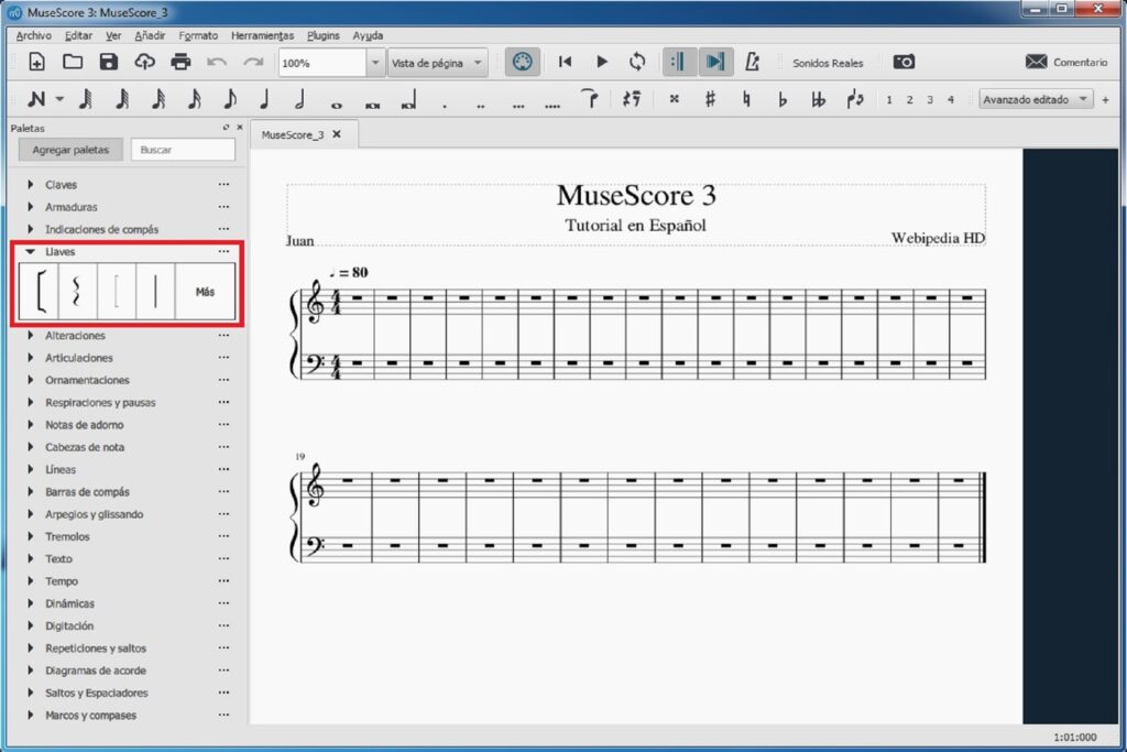 Tutorial de MuseScore 3: paleta de llaves