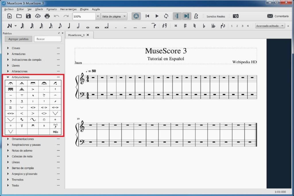 Tutorial de MuseScore 3: paleta de articulaciones