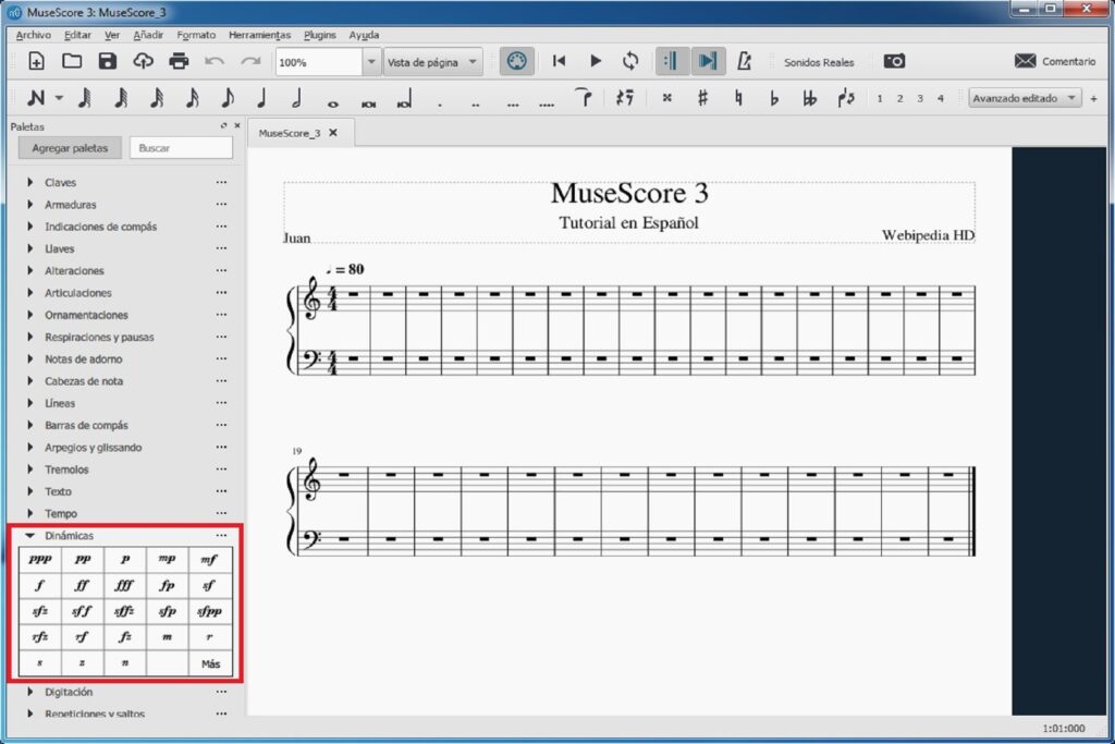 Tutorial de MuseScore 3: paleta de dinámicas