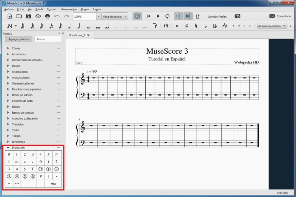 Tutorial de MuseScore 3: paleta de digitación