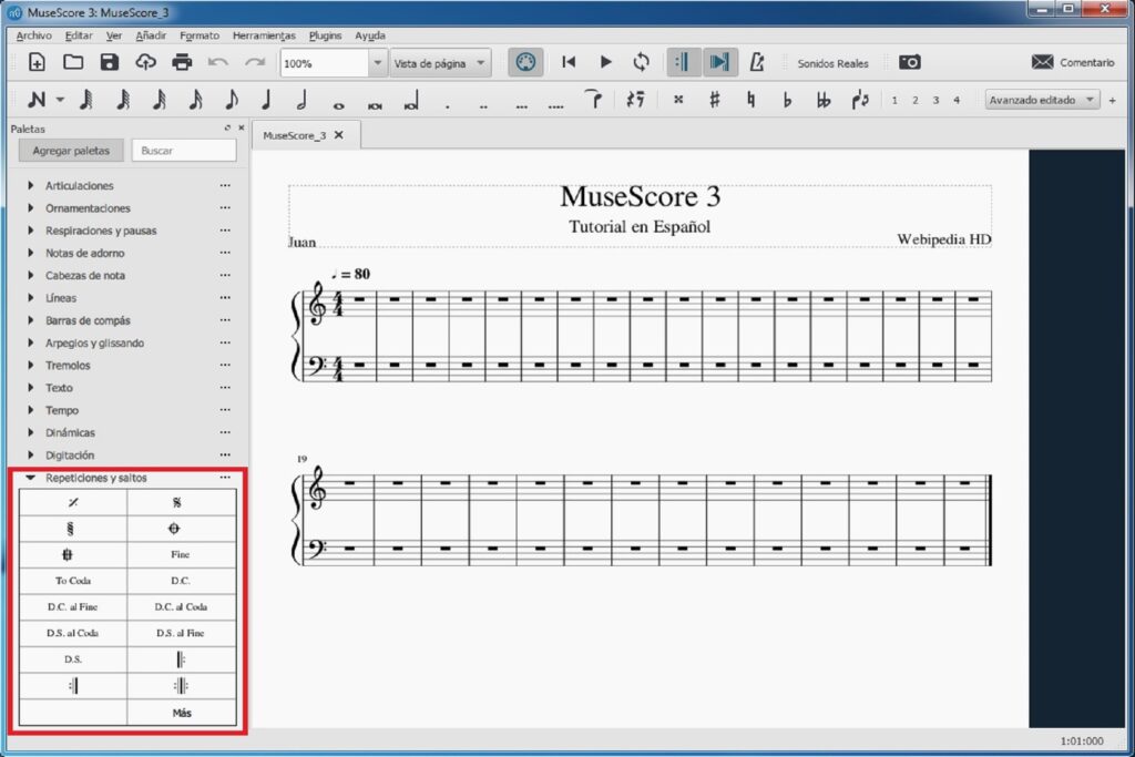 Tutorial de MuseScore 3: paleta de repeticiones y saltos