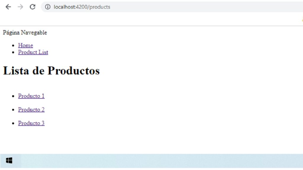 Página de listado de productos en aplicación Angular